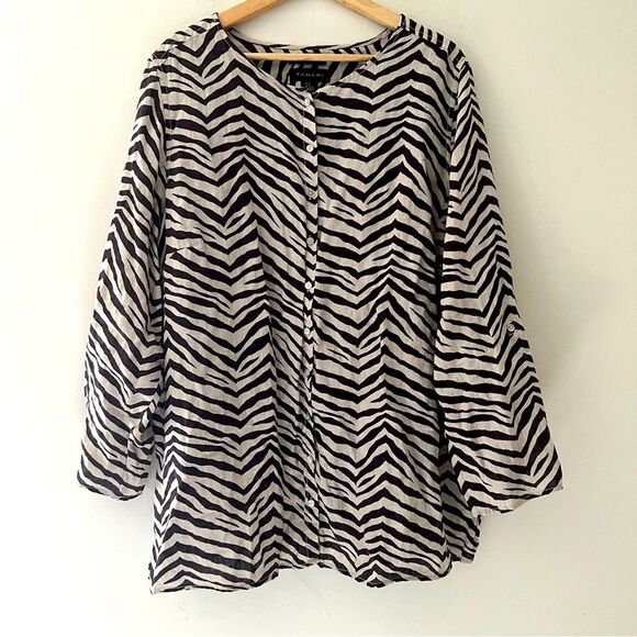 Tahari 100% Linen Tunic Top Zebra Stripe Size 2X Animal Print Button Up Toll Tab - Picture 1 of 8
